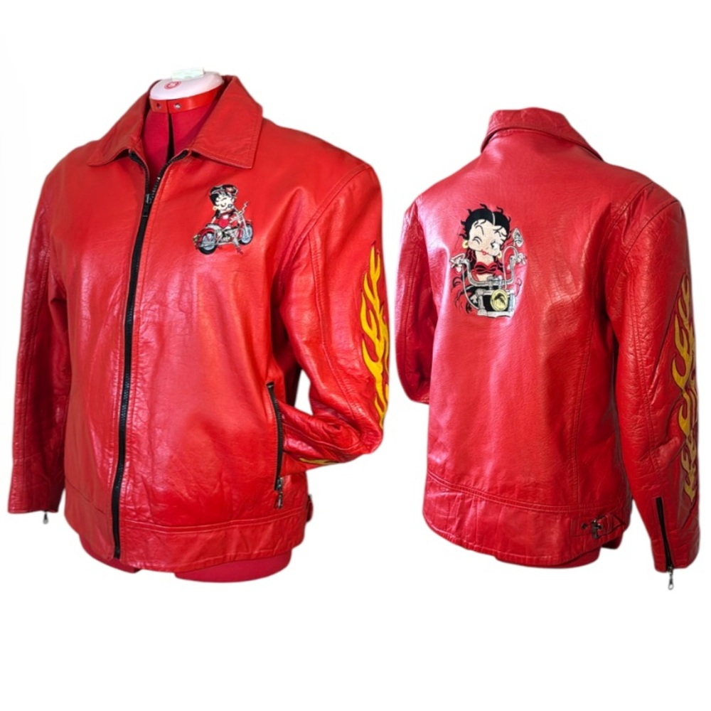 Betty Boop Red Leather Relaxed Fit Motorcycle Jacket